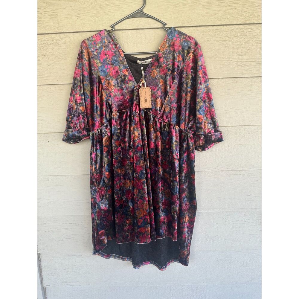 Natural Life Stella Crushed Velvet Floral Babydoll Mini Dress M Boho Pockets